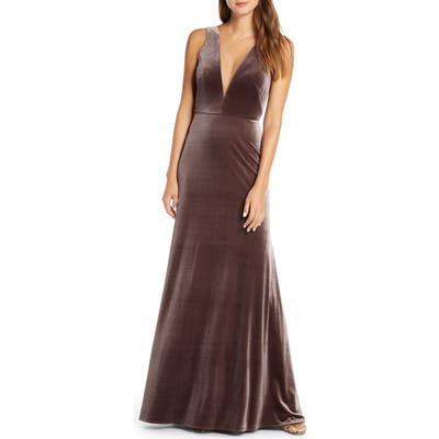 Jenny Yoo Logan Plunging V-Neck Velvet Gown, Purple