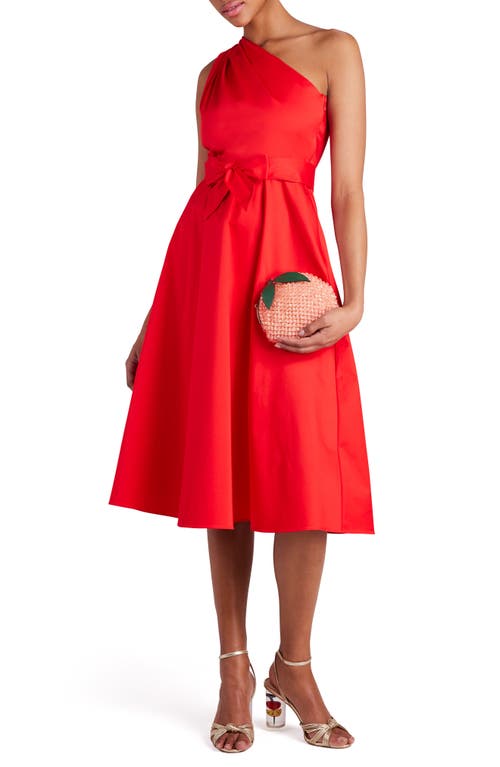 kate spade new york sabrina belted poplin one-shoulder fit & flare dress in Flame Scarlet