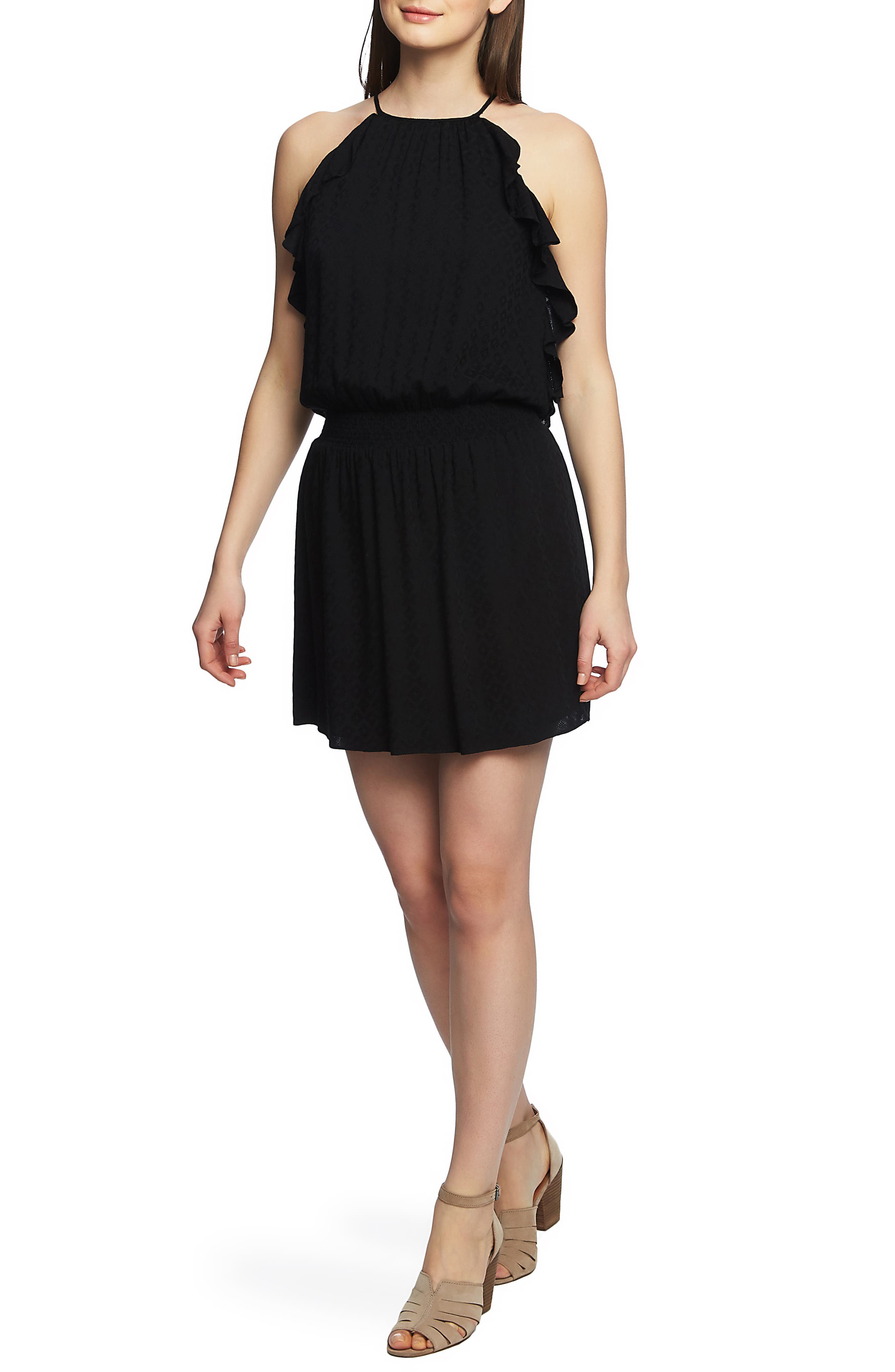1.state Halter Neck Smocked Waist Dress, Black