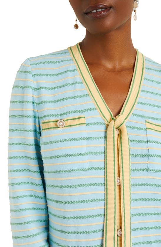 Shop Misook Tie Neck Button-up Sweater Dress In Caribbean Mist/pale Gold