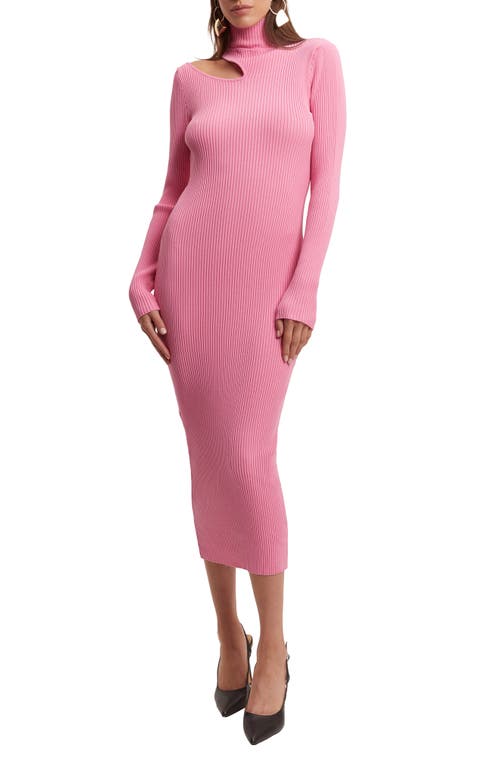 Ainsley Cutout Long Sleeve Turtleneck Rib Sweater Dress in Candy Pink