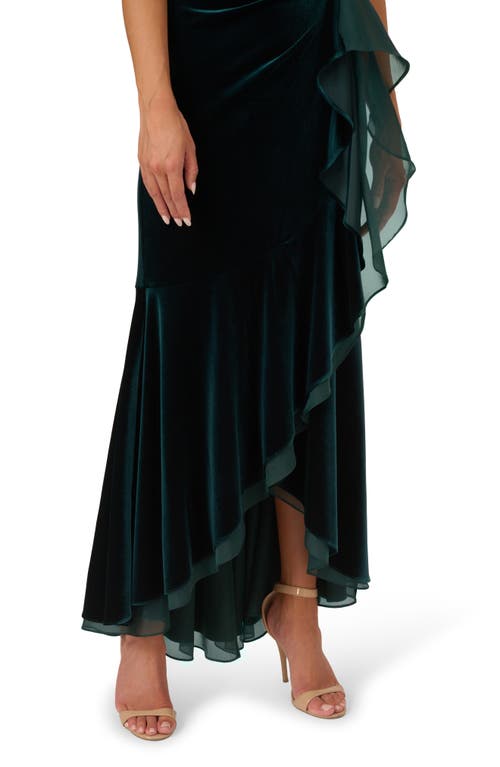 Shop Adrianna Papell Ruffle Off The Shoulder Velvet Gown In Hunter