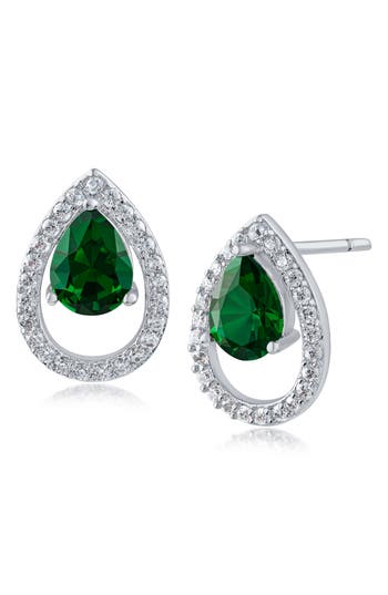 Cz By Kenneth Jay Lane Cz Pavé Halo Teardrop Stud Earrings In Emerald/silver