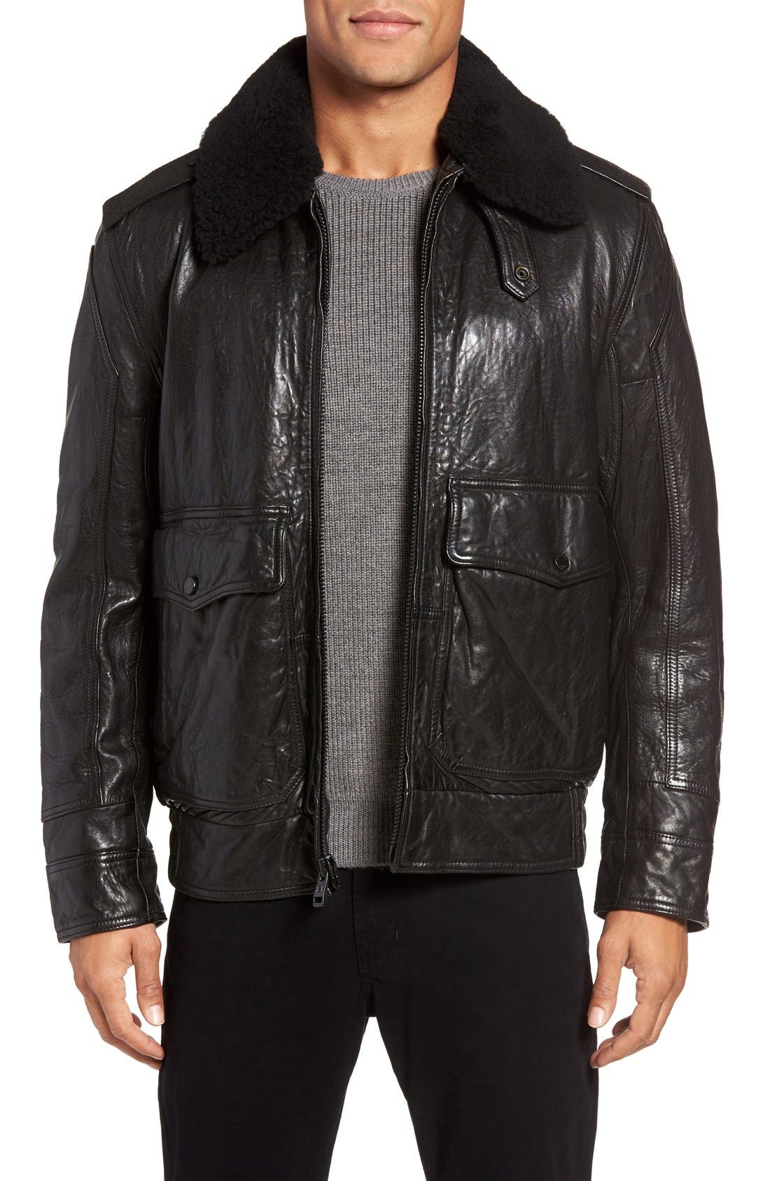 Andrew Marc Anchorage Leather Aviator Jacket With Detachable Genuine ...