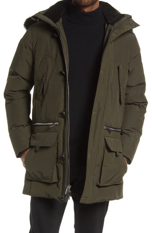 Karl Lagerfeld Paris Faux Fur Trim Down & Feather Fill Parka in Olive