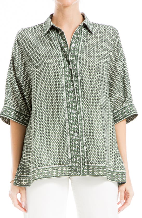 Max Studio Print Oversize Camp Shirt In Olive/ Crm Dlly Chns