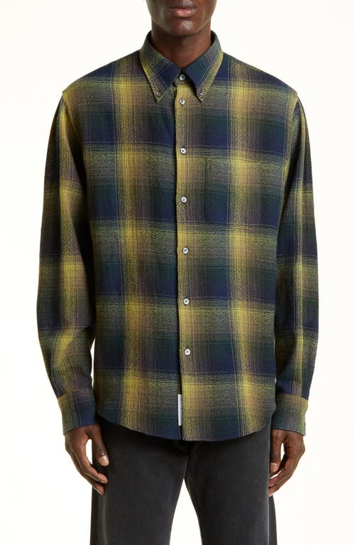 4SDesigns Classic Fit Plaid Virgin Wool Button-Down Shirt in 4870 Navy/Yellow