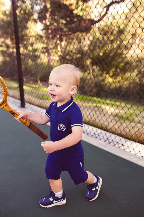 Charlie Lou Baby ® Waffle Polo Romper In Navy Blue