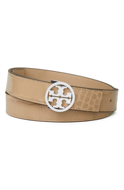 Tory Burch Miller Croc Embossed Leather Belt In Terre/silver