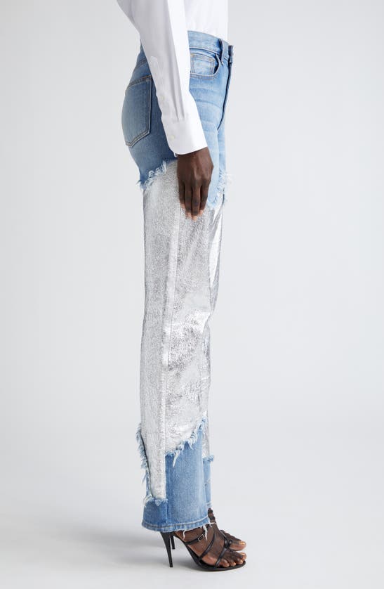 Shop Brandon Maxwell Stella Mixed Media Straight Leg Jeans In Indigo And Silver