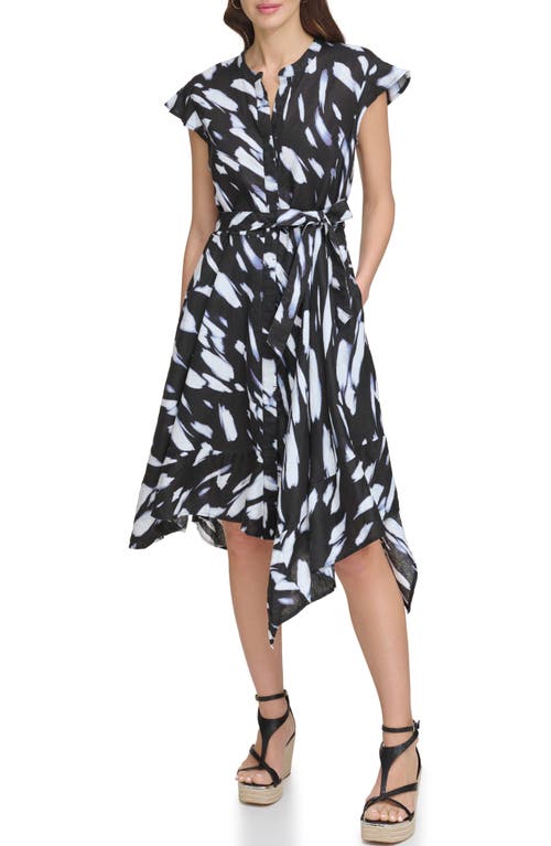 Shop Dkny Print Cap Sleeve Linen Shirtdress In Black/wave Blue Multi