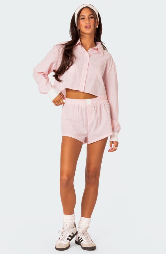 Shop Edikted Lea Pinstripe Cropped Button-up Shirt In Light-pink