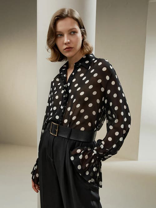 Lilysilk Polka Dots Georgette Blouse In White Dots In Black