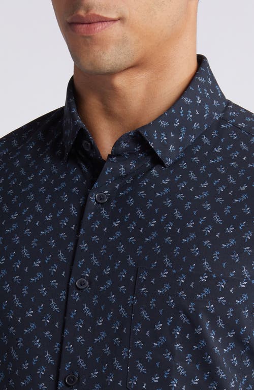 Shop Mizzen + Main Mizzen+main Leeward Trim Fit Leaf Print Short Sleeve Performance Button-up Shirt In Navy Multi Leaf