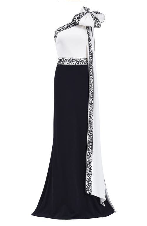 Shop Tadashi Shoji Lace Detail One-shoulder Gown In Ivory/black