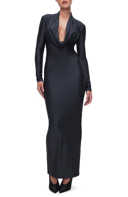 Cowl Neck Long Sleeve Stretch Jersey Maxi Dress in Black001
