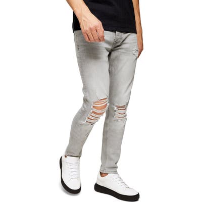 Topman Distressed Ripped Skinny Fit Jeans, Grey