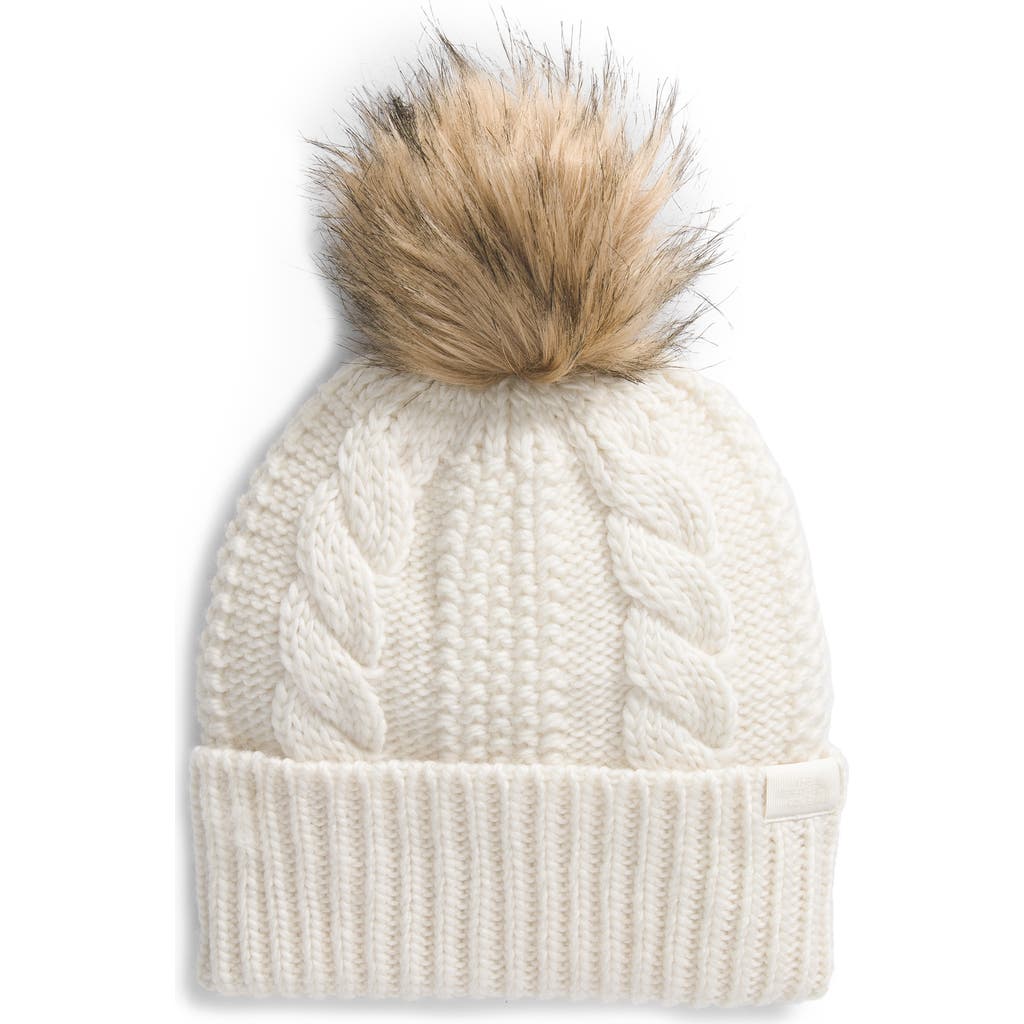 The North Face Oh Mega Faux Fur Pom Beanie in White Dune
