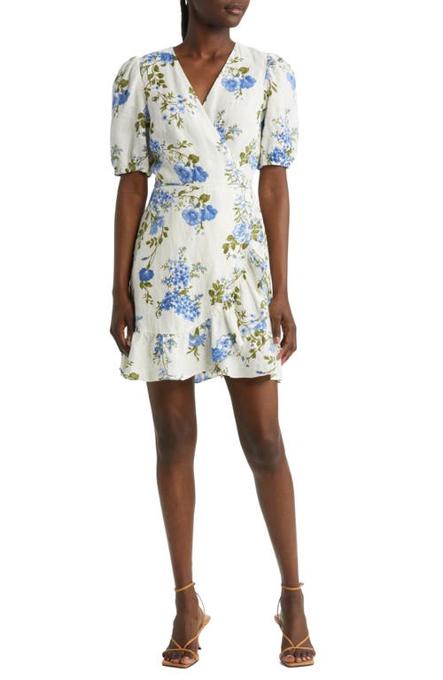 & Other Stories Floral Linen Wrap Dress in White/Blue Flower