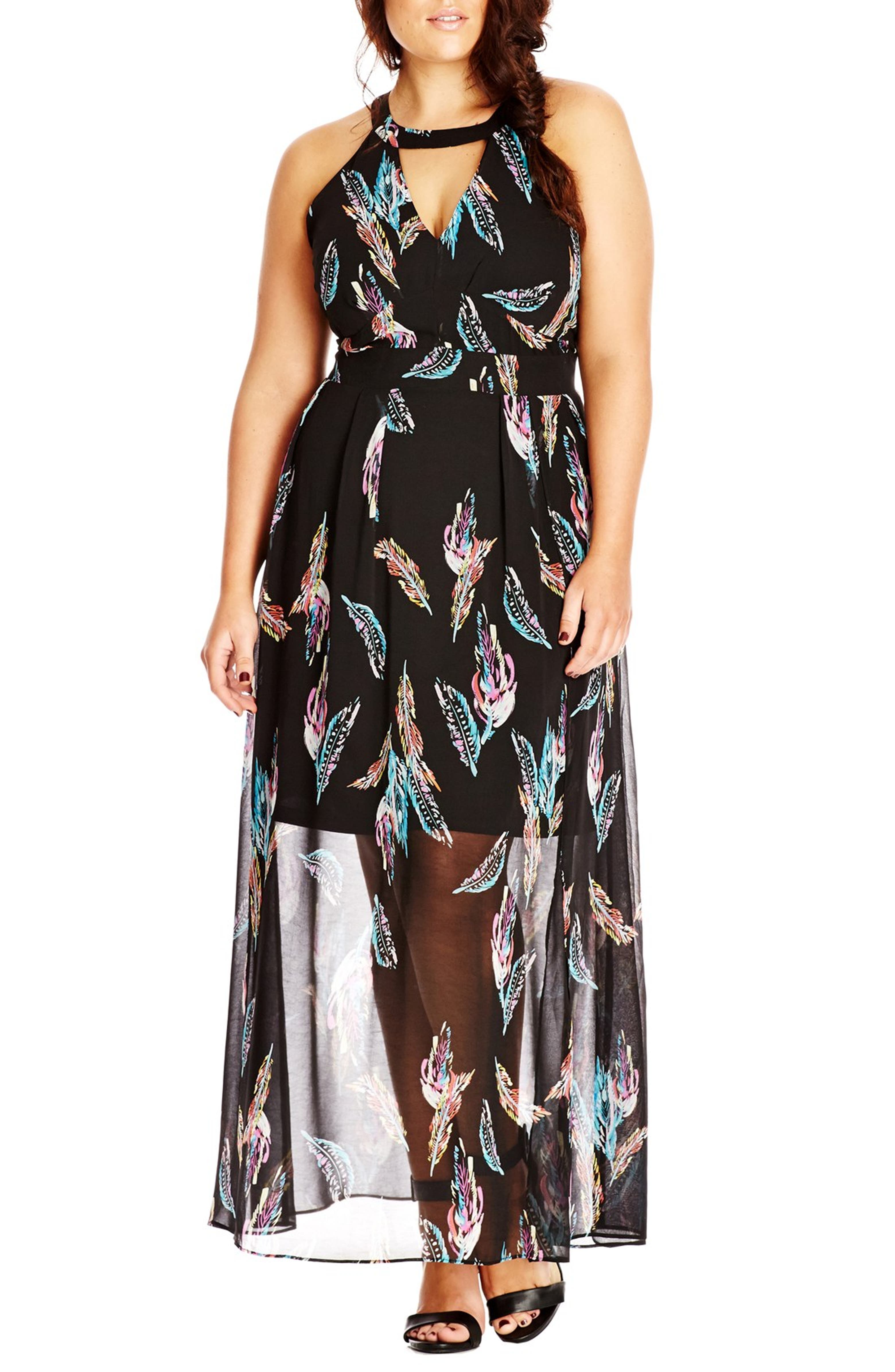 City Chic 'Multi Feather' Halter Style Maxi Dress (Plus Size) | Nordstrom