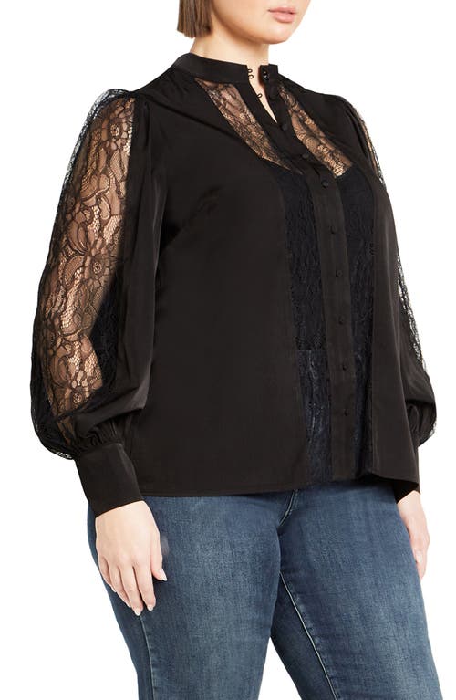 City Chic Georgia Lace Inset Sateen Button-up Shirt In Black