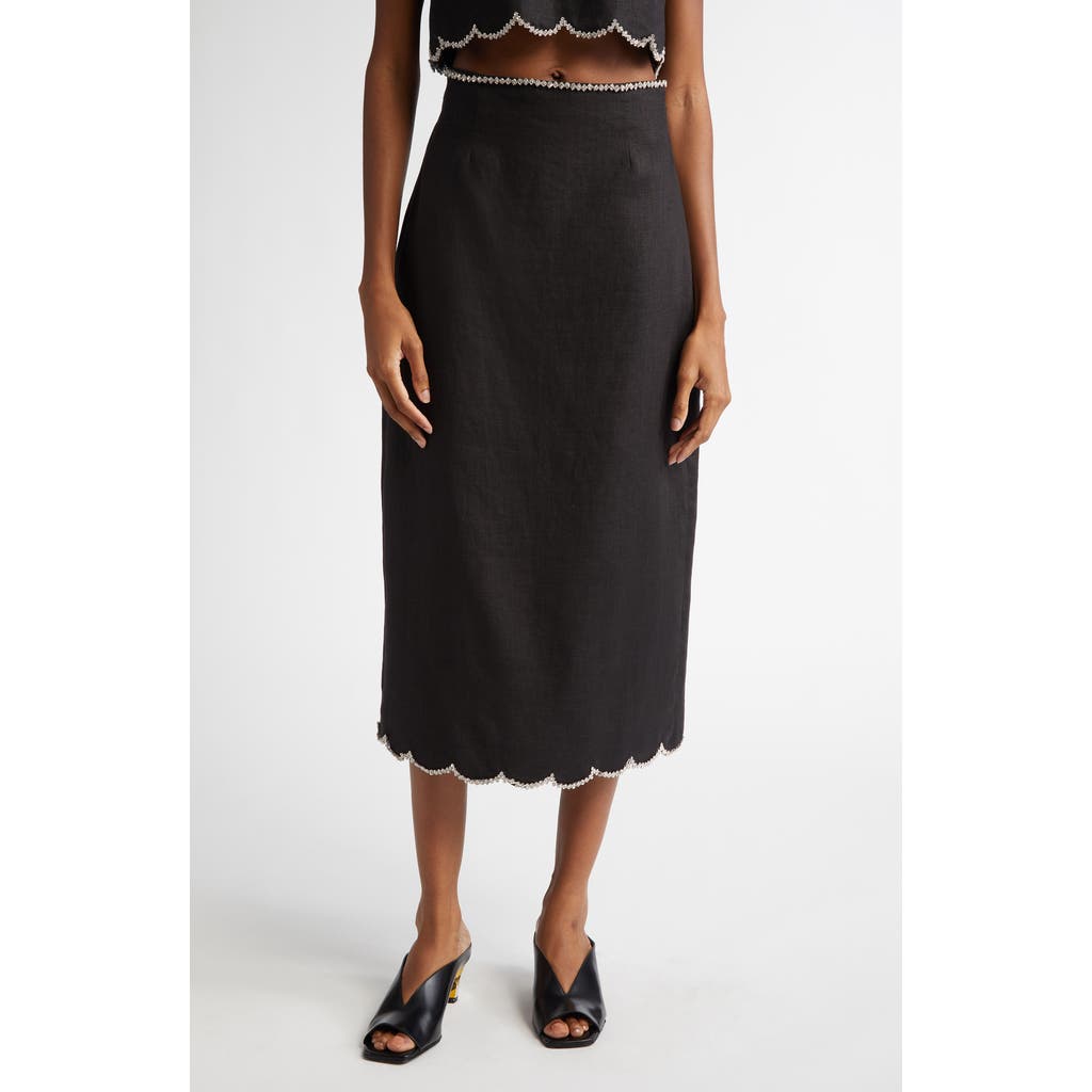 Zimmermann Crush Crystal-embellished Scalloped Linen Midi Skirt In Black