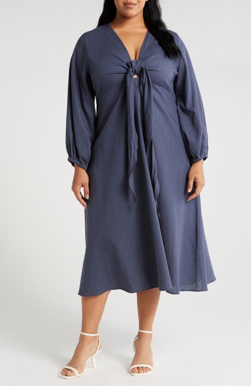 Novella Long Sleeve Cotton & Linen Maxi Dress in Dark Indigo