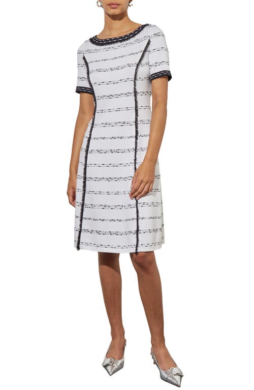 Ming Wang Stripe Fringe Trim Fit & Flare Sweater Dress in White/Black at Nordstrom, Size Large