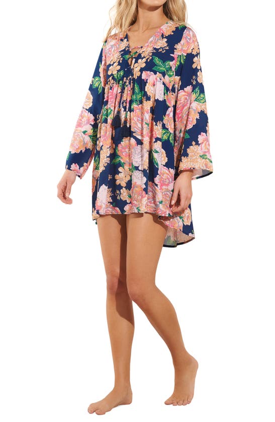 Maaji Peony Helena Floral Long Sleeve Cover-up Dress In Blue
