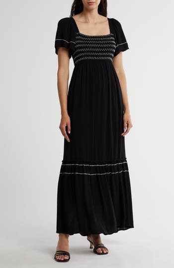 Lovestitch Smocked Contrast Stitch Maxi Dress In Black