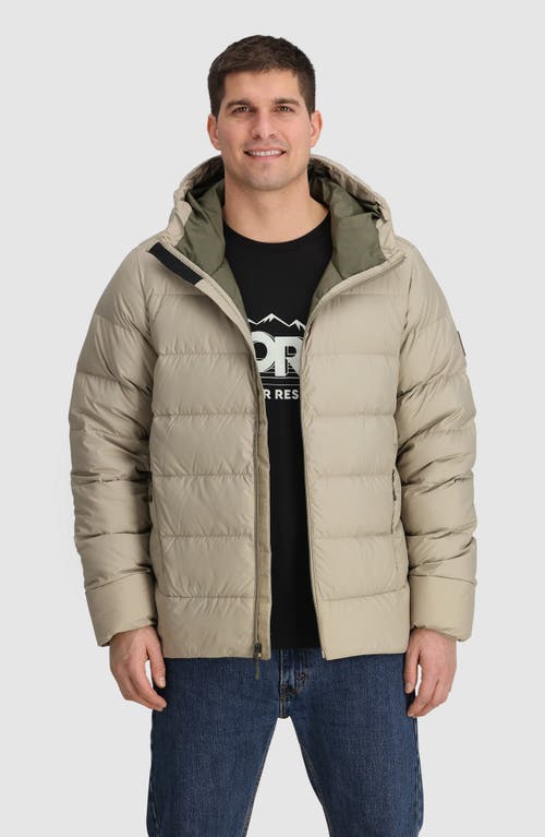 Shop Outdoor Research Coldfront 700 Fill Power Down Insulated Hooded Ripstop Packable Puffer Jacket In Pro Khaki