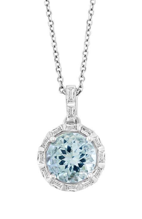 14K White Gold Round Aquamarine & Diamond Pendant Necklace