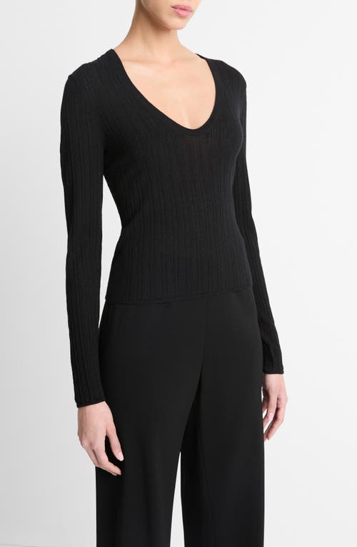 Shop Vince Pointelle Wool-blend V-neck Top In Black