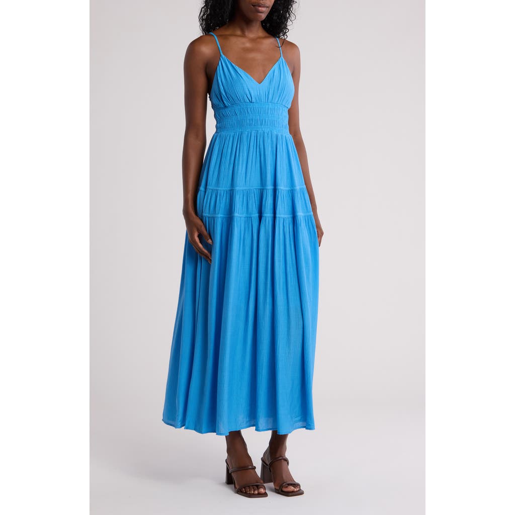 Smocked Sleeveless Maxi Dress In Blue Smocked Sleeveless Maxi Dress In Blue
