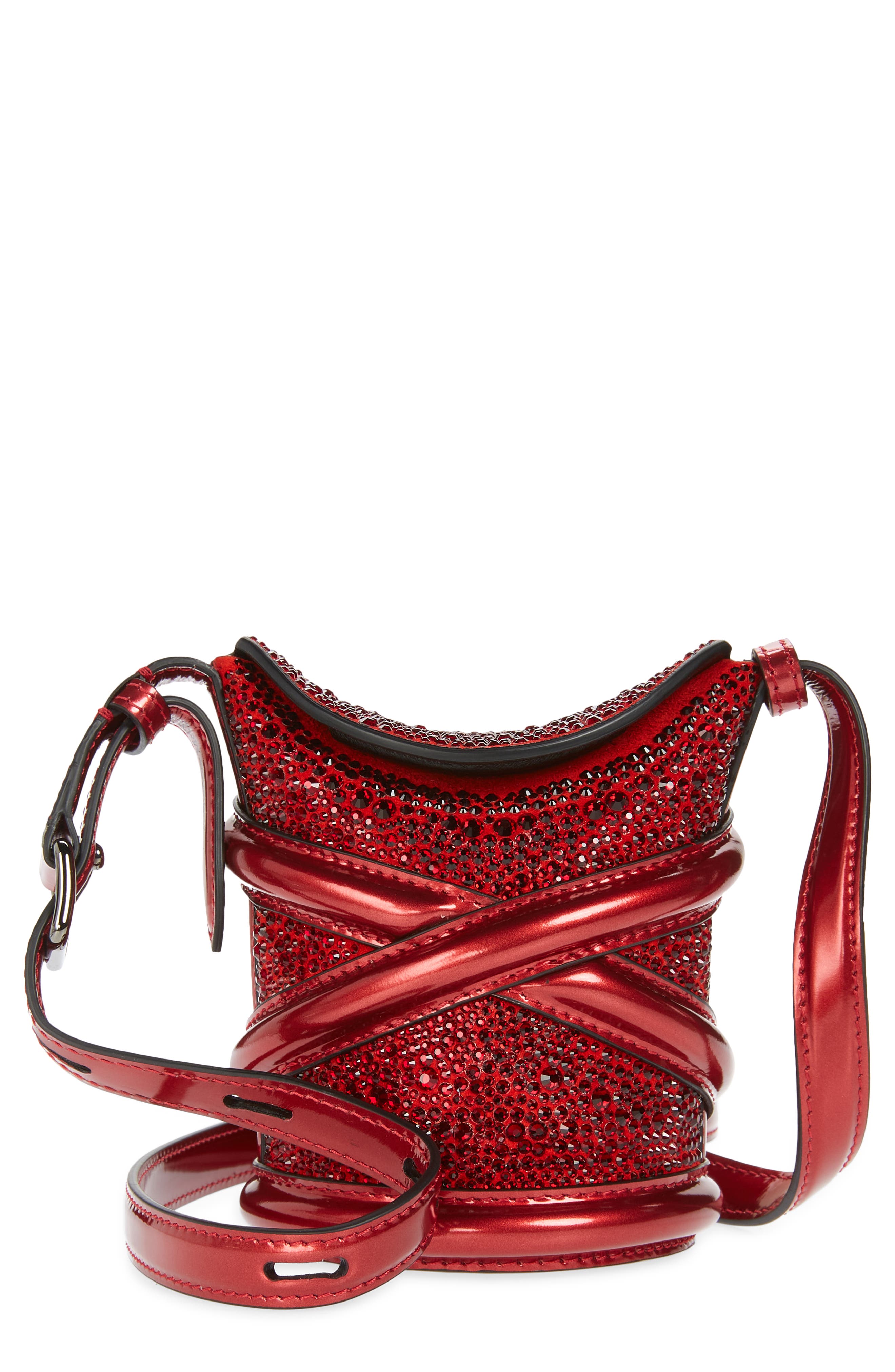 Alexander McQueen Micro The Curve Crystal Embellished Leather Crossbody Bag in Red at Nordstrom