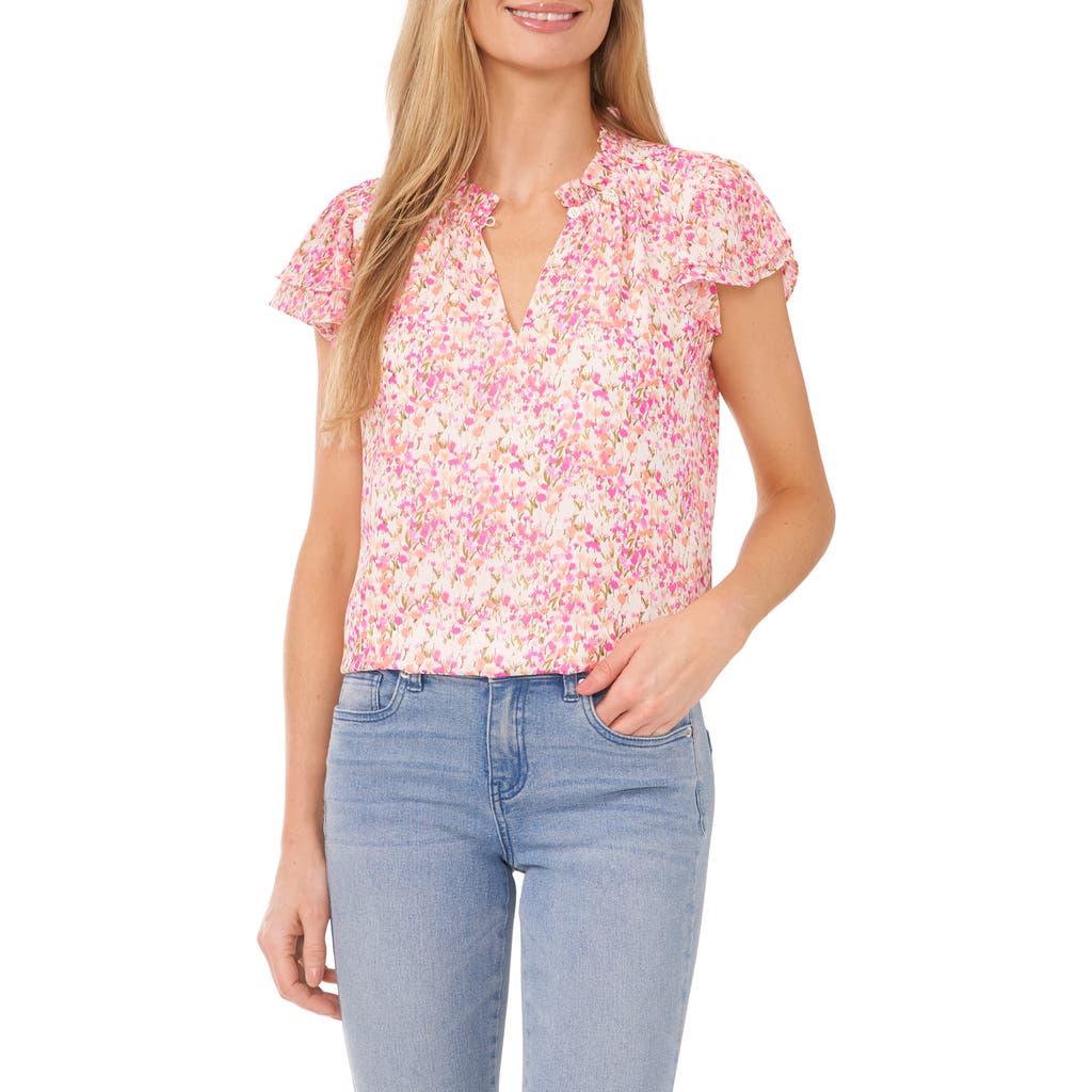Cece Floral Flutter Sleeve Top In Peachy Orange