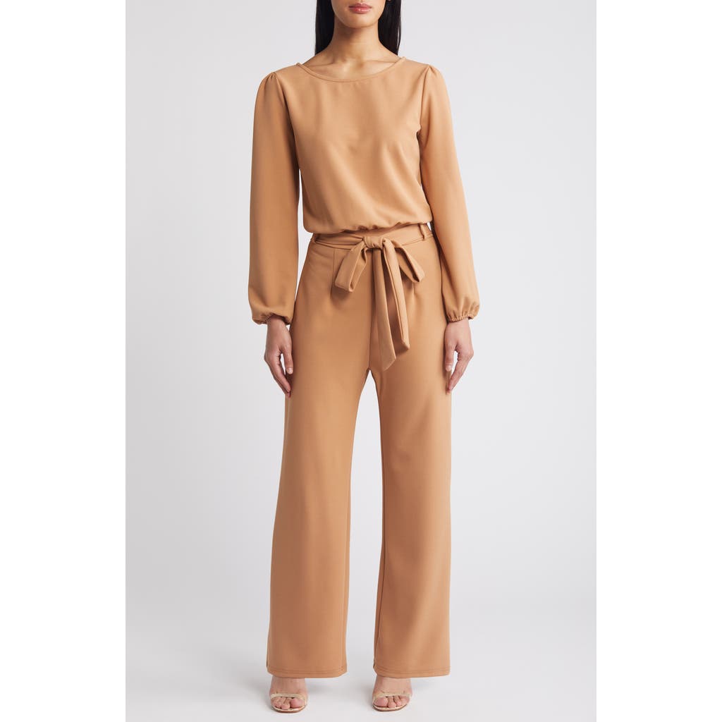 Nikki Lund Laurie Long Sleeve Tie Waist Jumpsuit In Almond