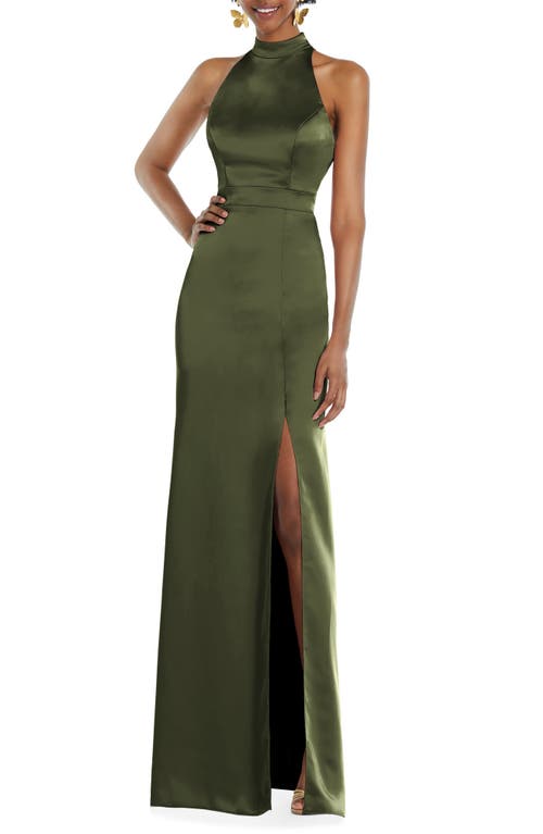 LOVELY Open Back Charmeuse Gown in Olive Green