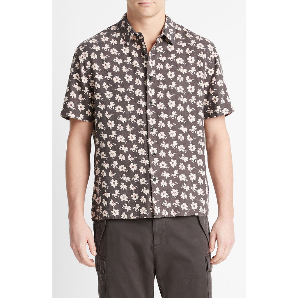 Vince Abstract Daisies Short Sleeve Linen Blend Button-up Shirt In Soft Black/sea Salt