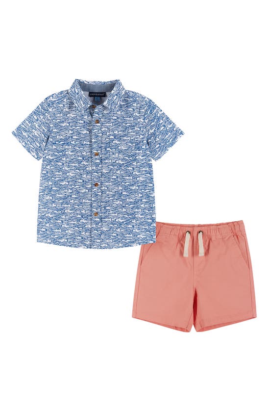 Shop Andy & Evan Kids' Shark Print Short Sleeve Button-down & Shorts Set In Blue Sharks