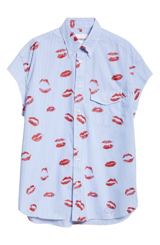 Shop Takahiromiyashita The Soloist Stripe Lips Print Cutoff Sleeve Button-down Shirt In Saxe Stripe