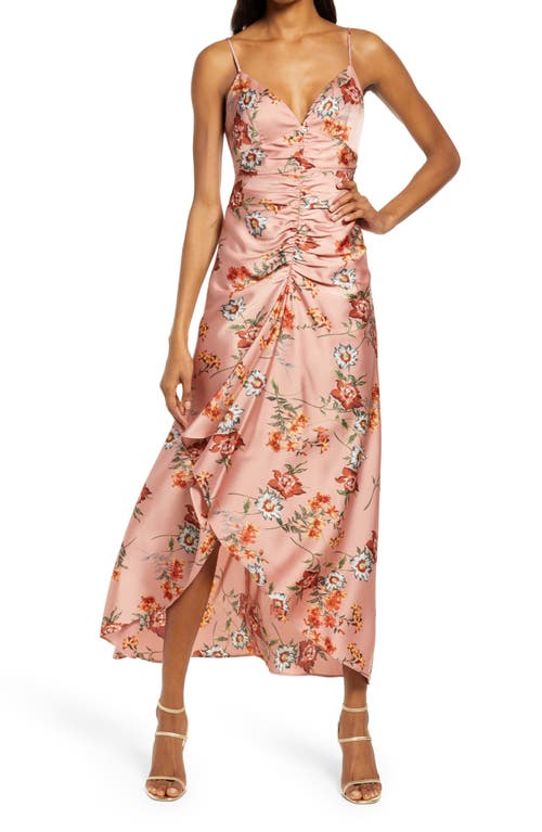 FLORET STUDIOS Floral Ruched Front Satin Midi Dress in Mauve Floral