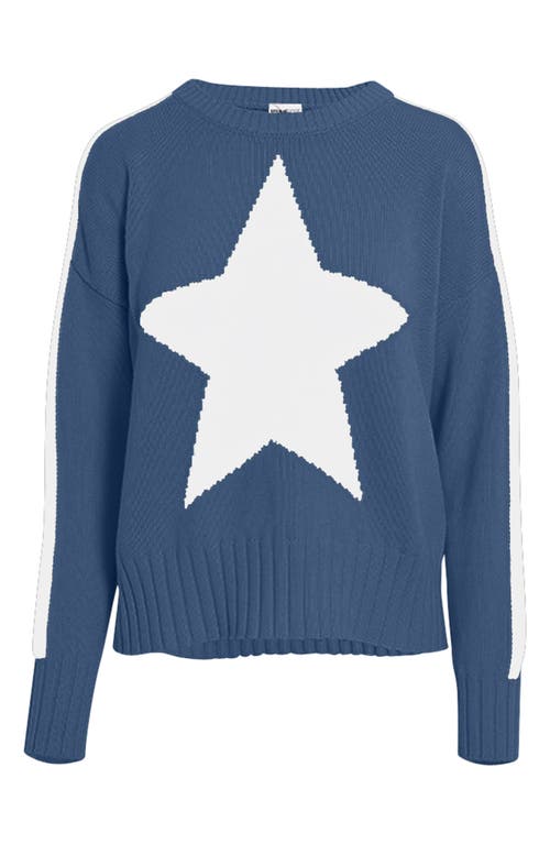 Shop Minnie Rose Star Cotton & Cashmere Crewneck Sweater In Harbour Blue/white