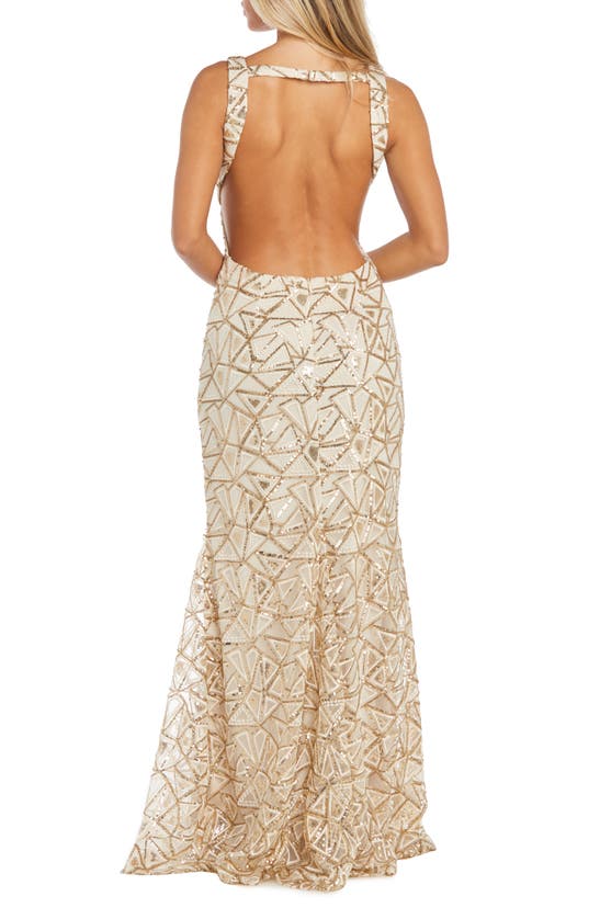 Shop Morgan & Co. Deco Sequin Open Back Gown In Light Beige/gold