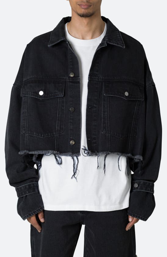 Shop Mnml Oversized Fray Hem Crop Denim Jacket In Washed Black