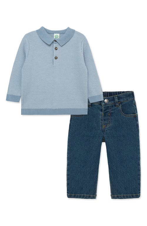 Little Me Jacquard Polo & Denim Jeans Set In Blue