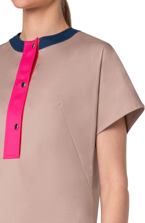 Akris Punto Colorblock Cotton Gabardine Stretch Short-sleeve Shift Dress In Beige-pink-red-ink