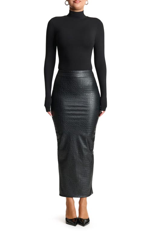 Shop Naked Wardrobe Croc Embossed Faux Leather Midi Skirt In Black