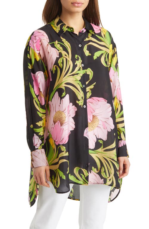 Floral Silk Button-Up Blouse in Black Multi