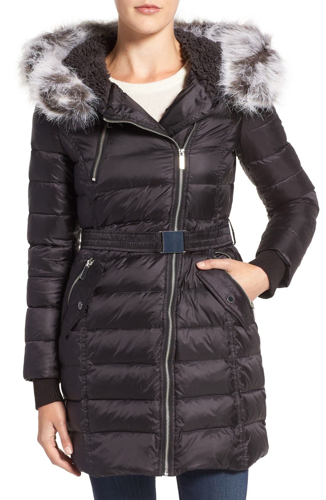 french connection waist belt quilted faux fur hooded jacket